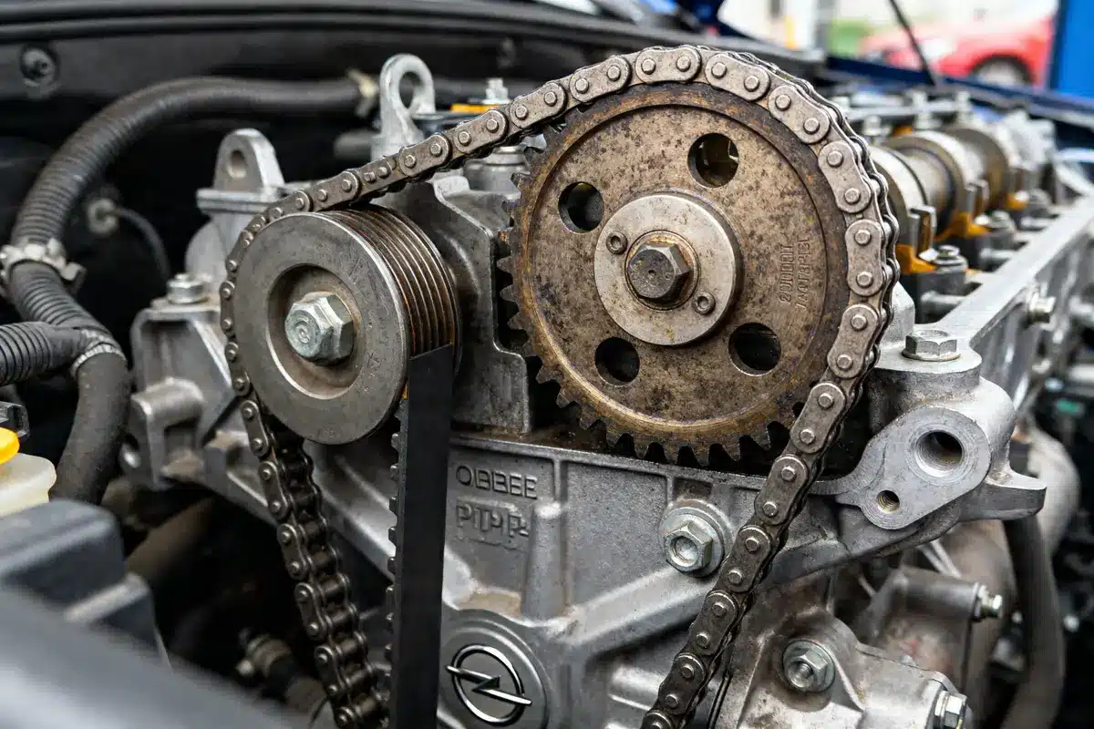 Gros plan sur chaîne de distribution du moteur 1.2 turbo Opel fiabilité reconnue