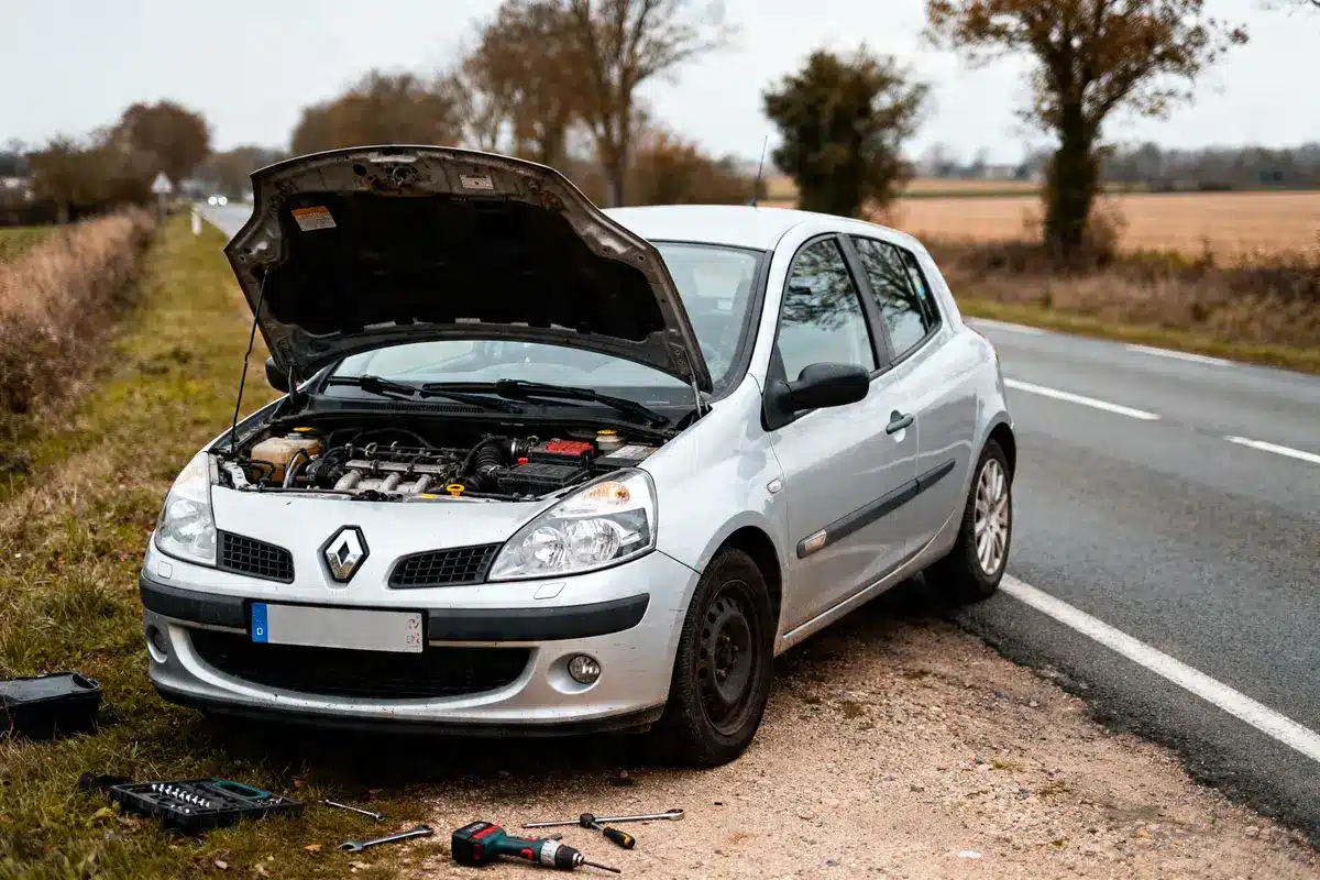 Renault Clio 3 en panne sur le bord de la route avec capot ouvert