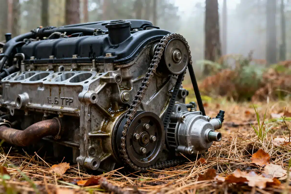 Moteur 1.6 THP déposé au sol dans une forêt automnale avec chaîne visible
