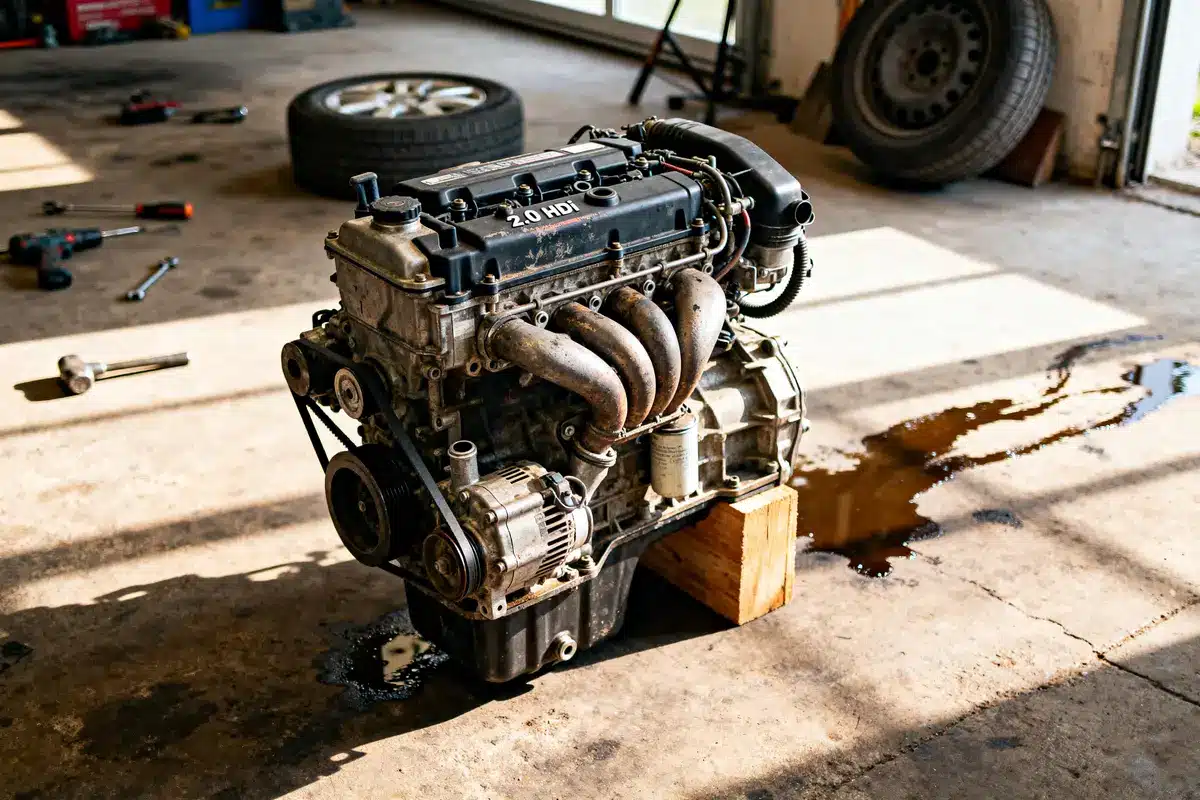 pexels-michal-pech-213601-757318 (1) Moteur 2.0hdi diesel posé sur sol d'atelier avec outils et pneu en arrière-plan
