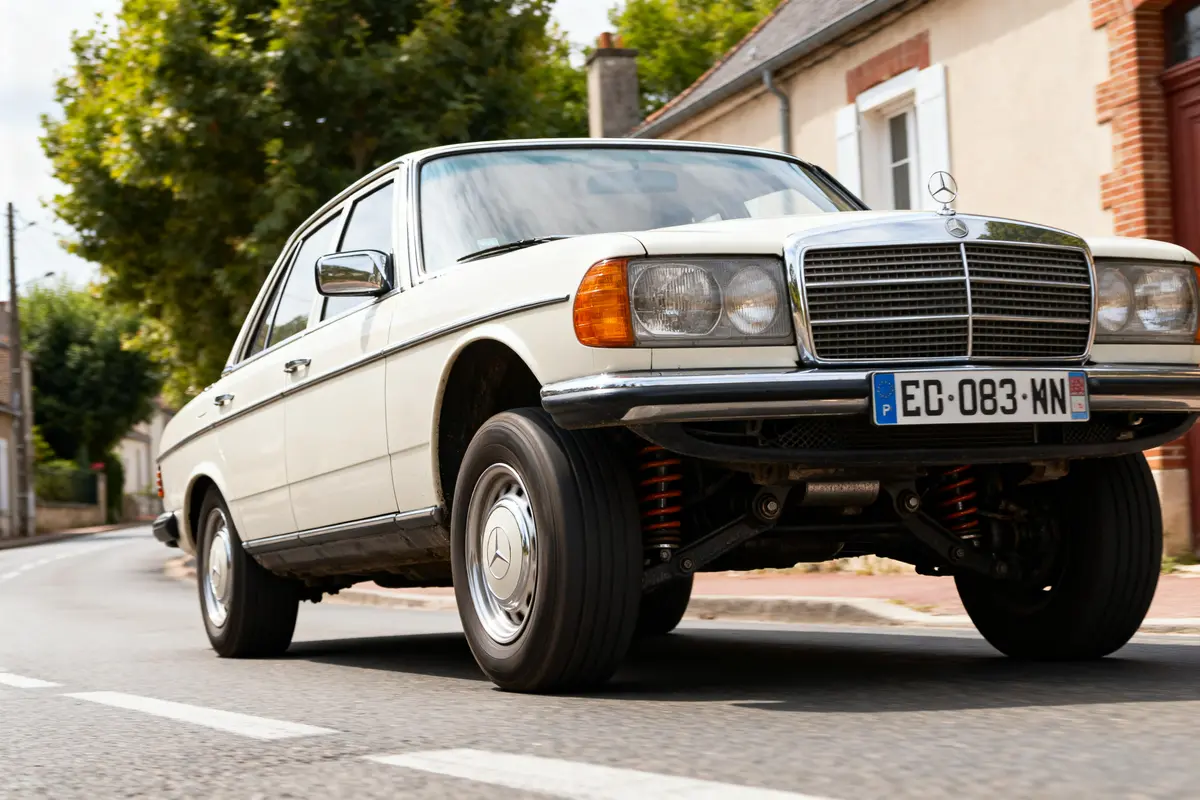 Vieille voiture blanche surélevée avec plaque française devant une maison S124 Mercedes benz