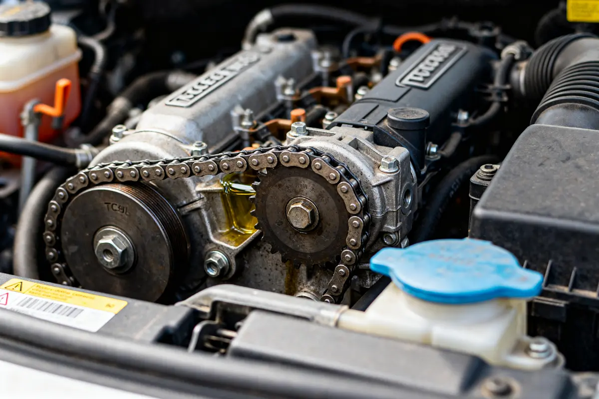 pexels-michal-pech-213601-757318 (1) Moteur TCE 90 avec chaîne et compartiment ouvert, illustrant la durée de vie d'un moteur
