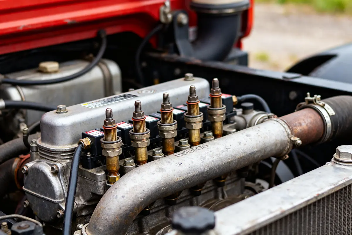 Moteur diesel détaillé avec injecteurs visibles, lien avec code panne p0380 pour diagnostic véhicule