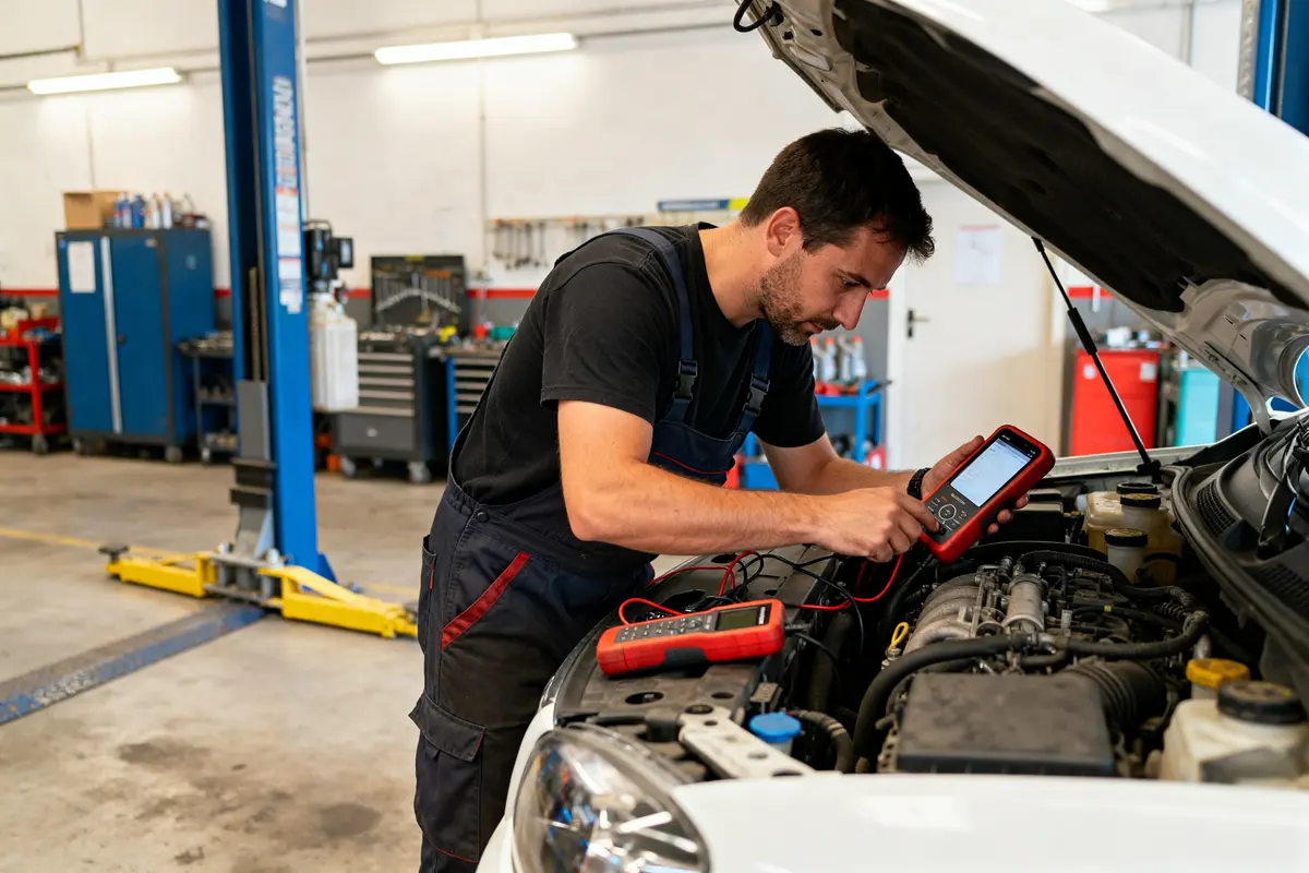 Mécanicien diagnostiquant un moteur diesel avec un multimètre expliquant le prix deun dieseliste